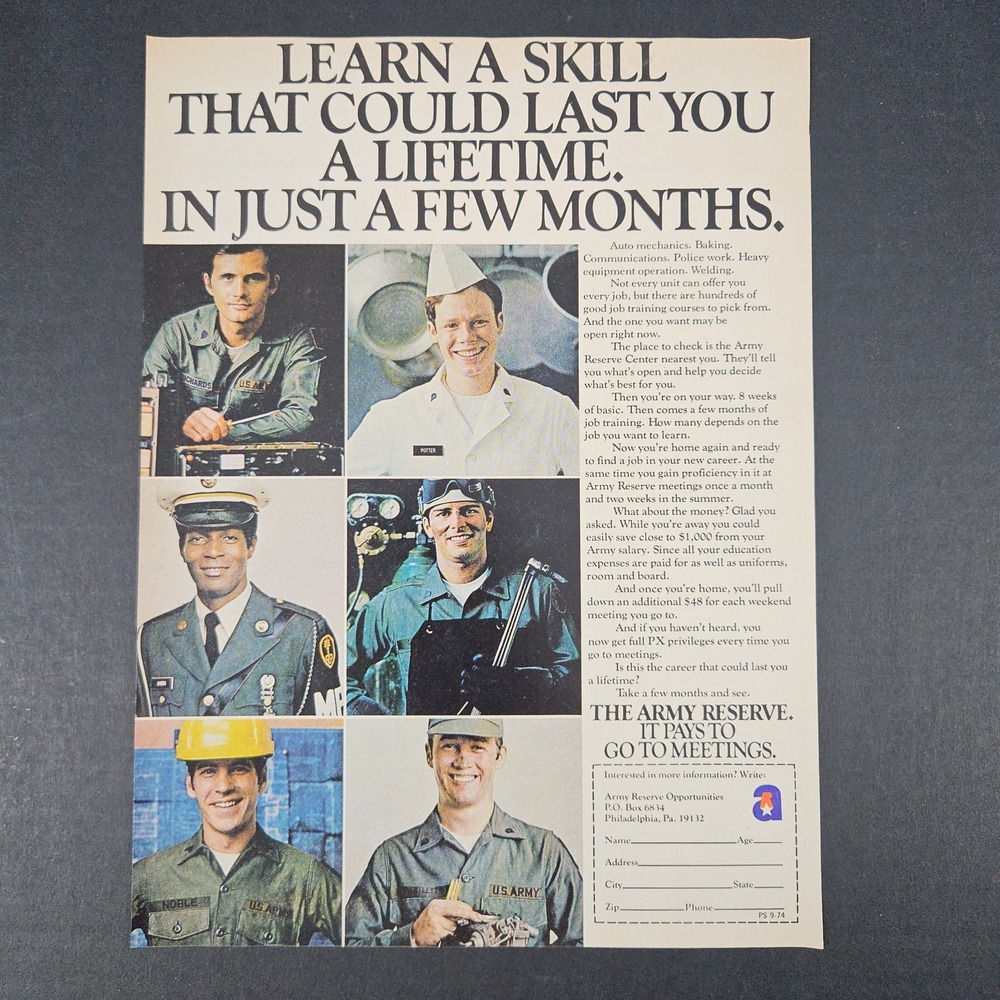 1974 US Army Reserve Opportunities Vintage Print Ad Military Soldiers‎ Veterans